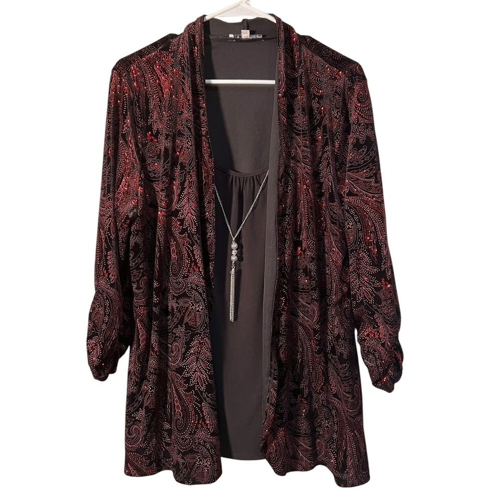 Notations Women's Plus Sz 1X Velvet Beaded Cardigan Top Blouse Black Red Paisley